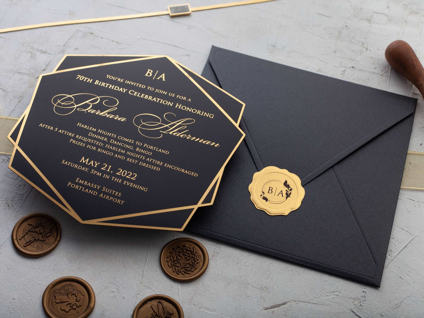 Birthday Invitation, Black and Gold Foil Printed Acrylic Birthday Invitation