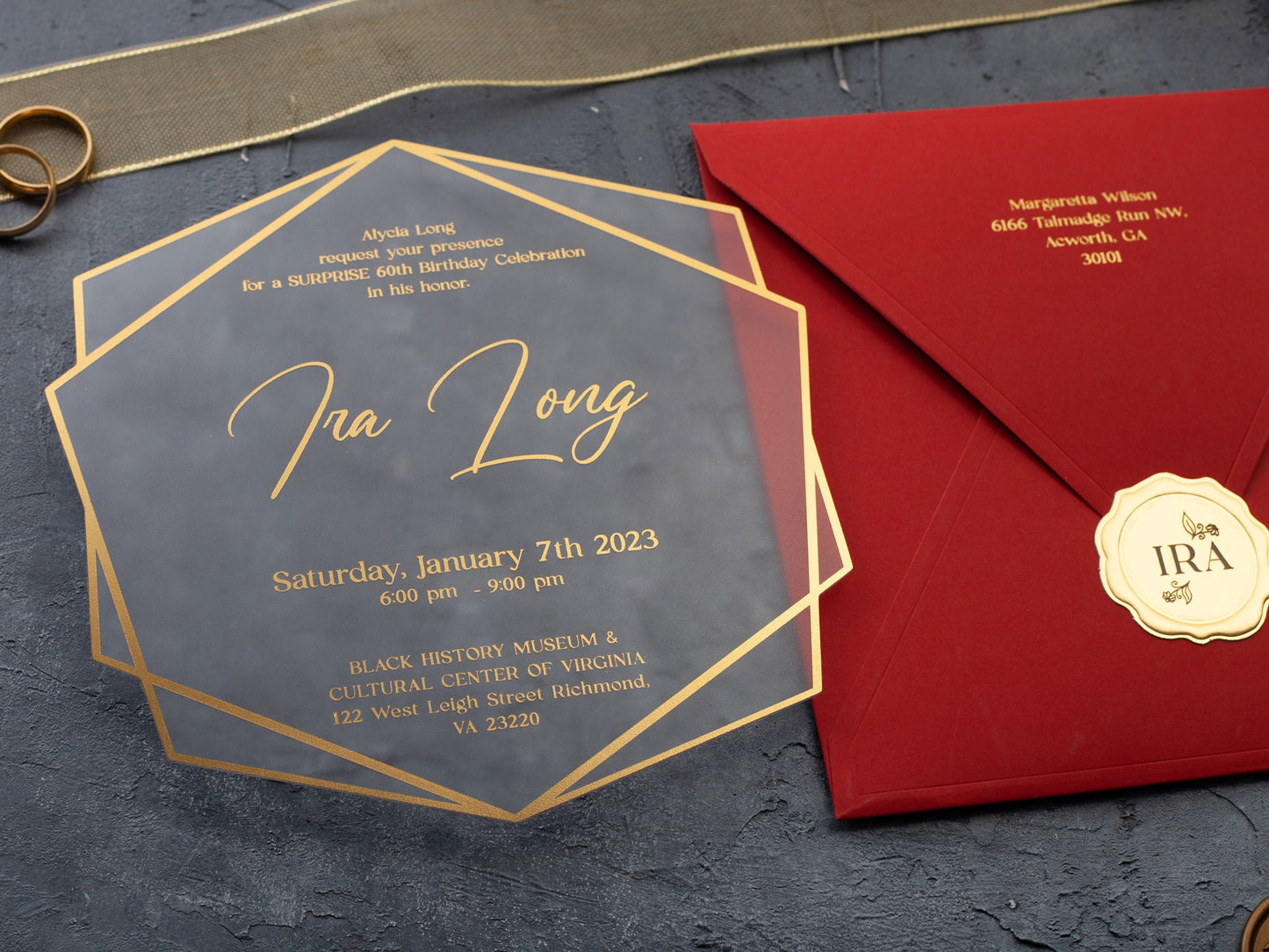 Red and Gold Acrylic Birthday Party Invitation