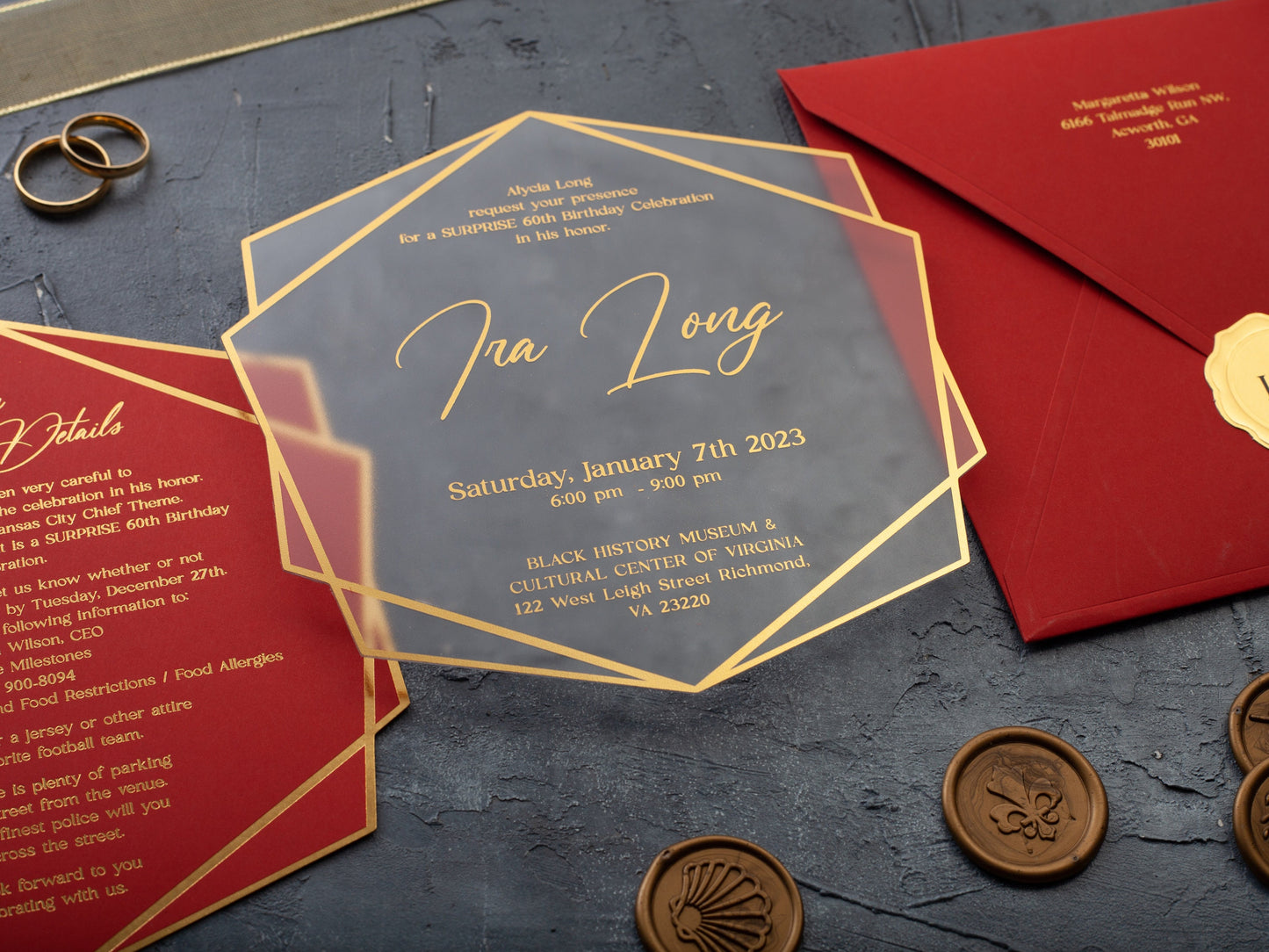 Red and Gold Acrylic Birthday Party Invitation