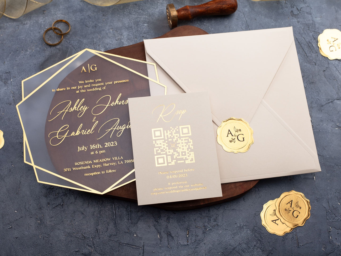 Ivory and Gold Acrylic Wedding Invitation