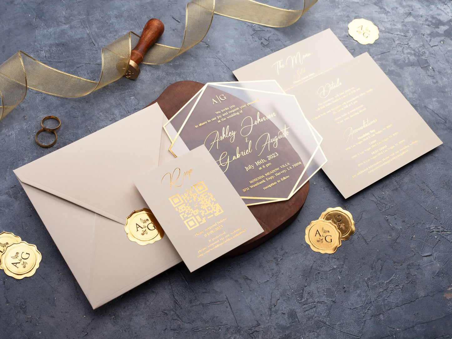 Ivory and Gold Acrylic Wedding Invitation