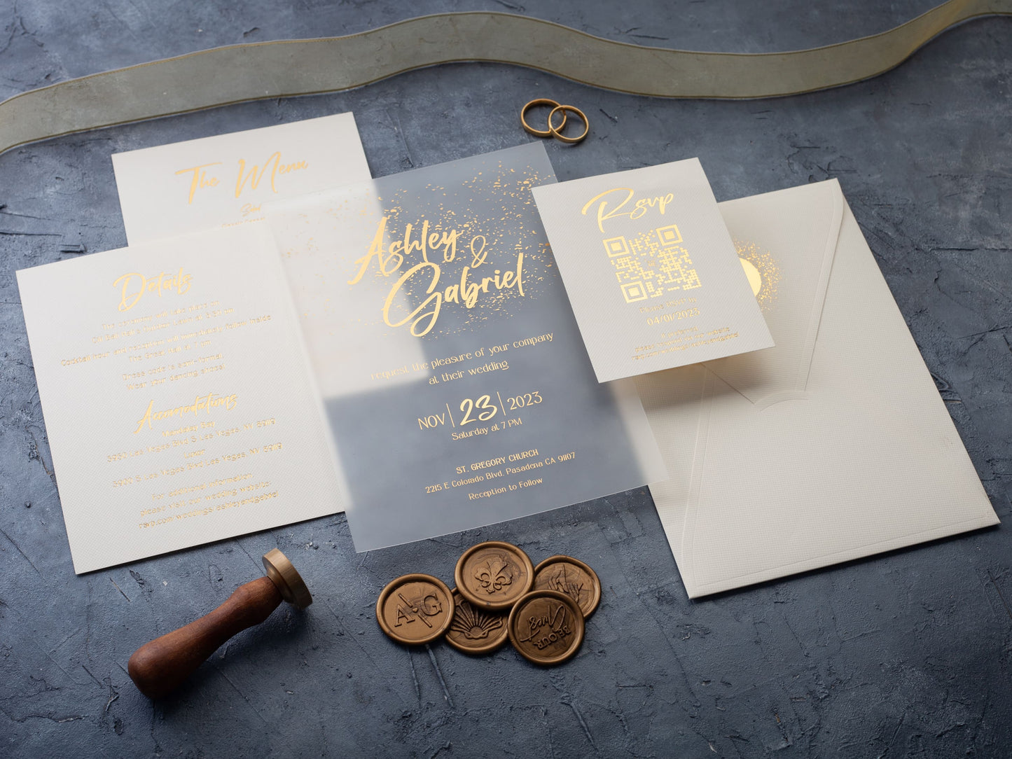 Gold foil printed ivory wedding invitation set