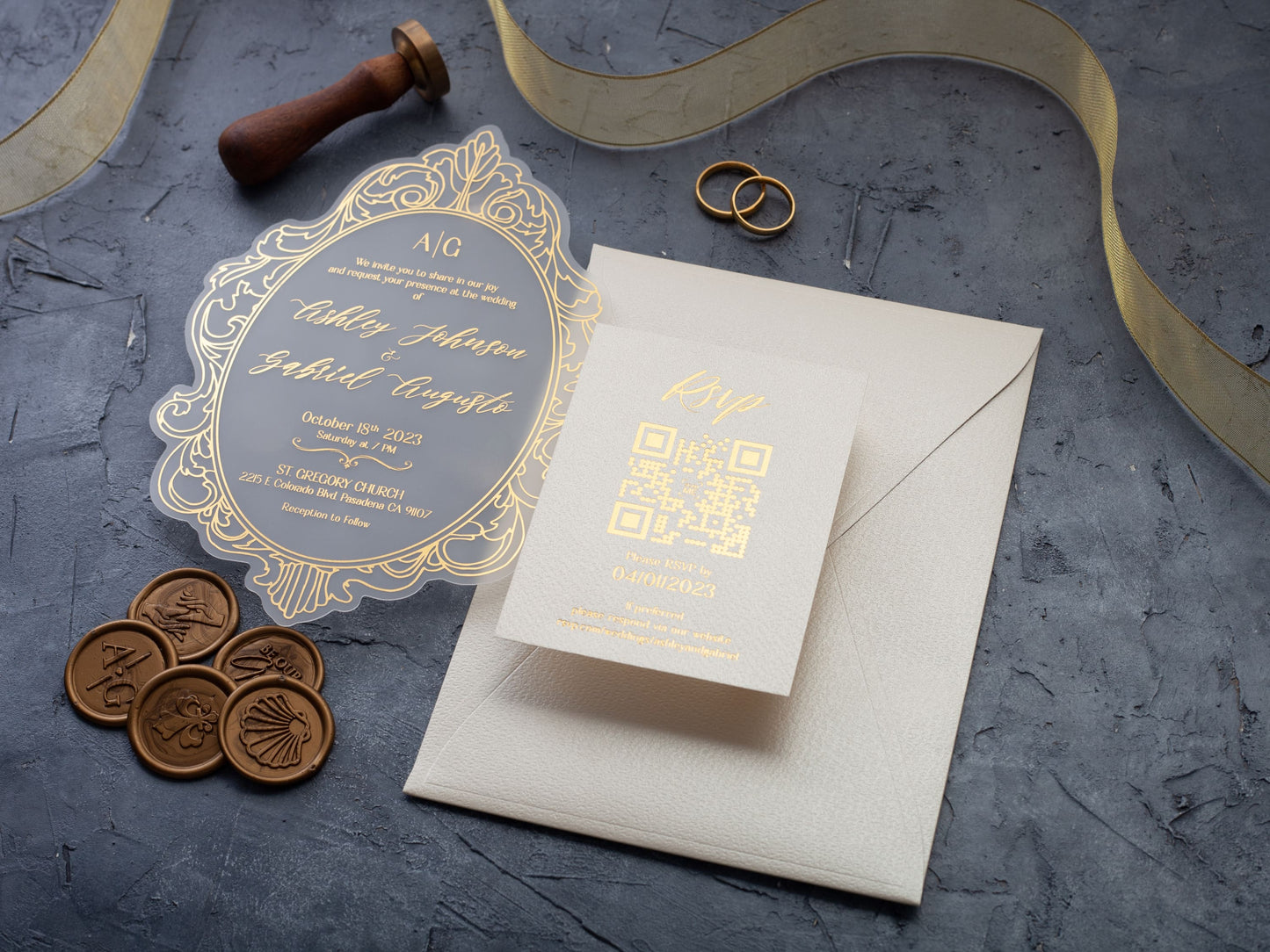 Acrylic Invitation with Gold Foil Letters and Ivory Envelope
