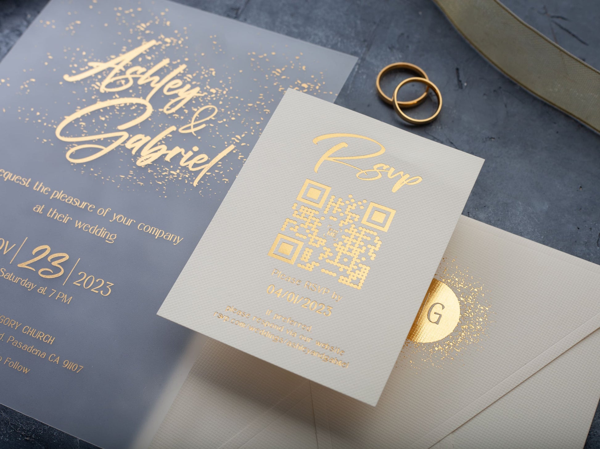 Gold foil printed Ivory wedding invitation with rsvp card