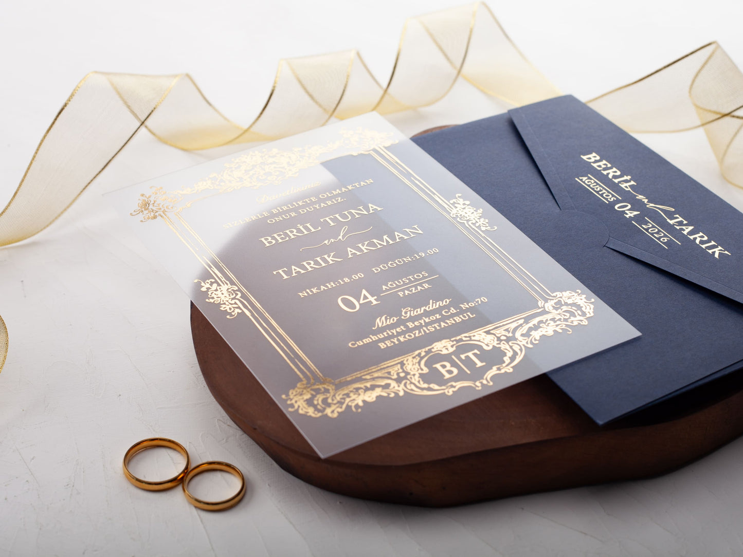 Luxury Acrylic Invitation with Gold Foil and Navy Blue Envelope