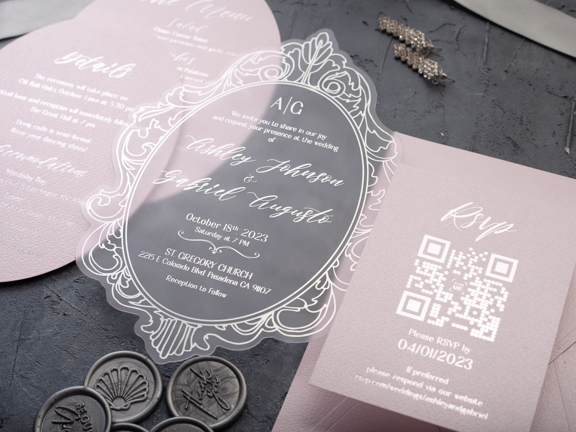 Elegant Acrylic Wedding Invitation with Silver Foil Letters and