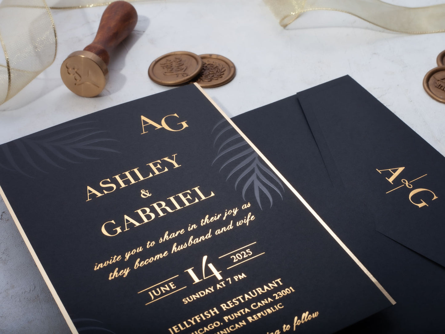 Luxury Black and Gold Wedding Invite with Palm Leaves