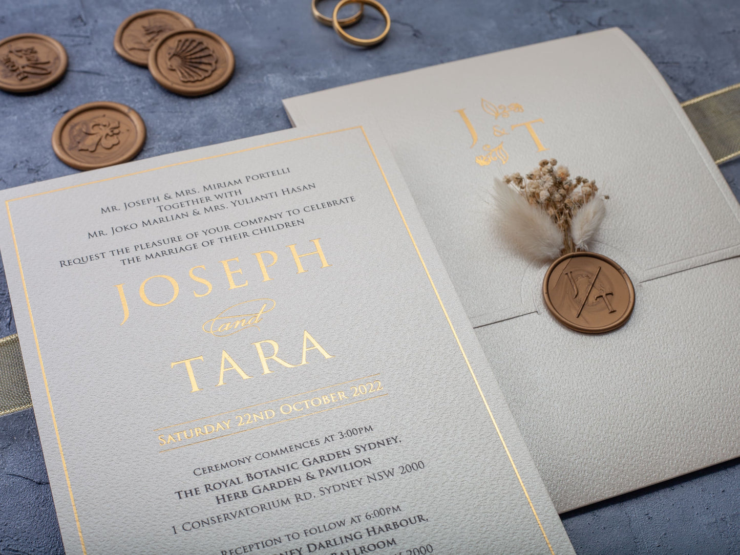 Luxury printed ivory and gold wedding invite