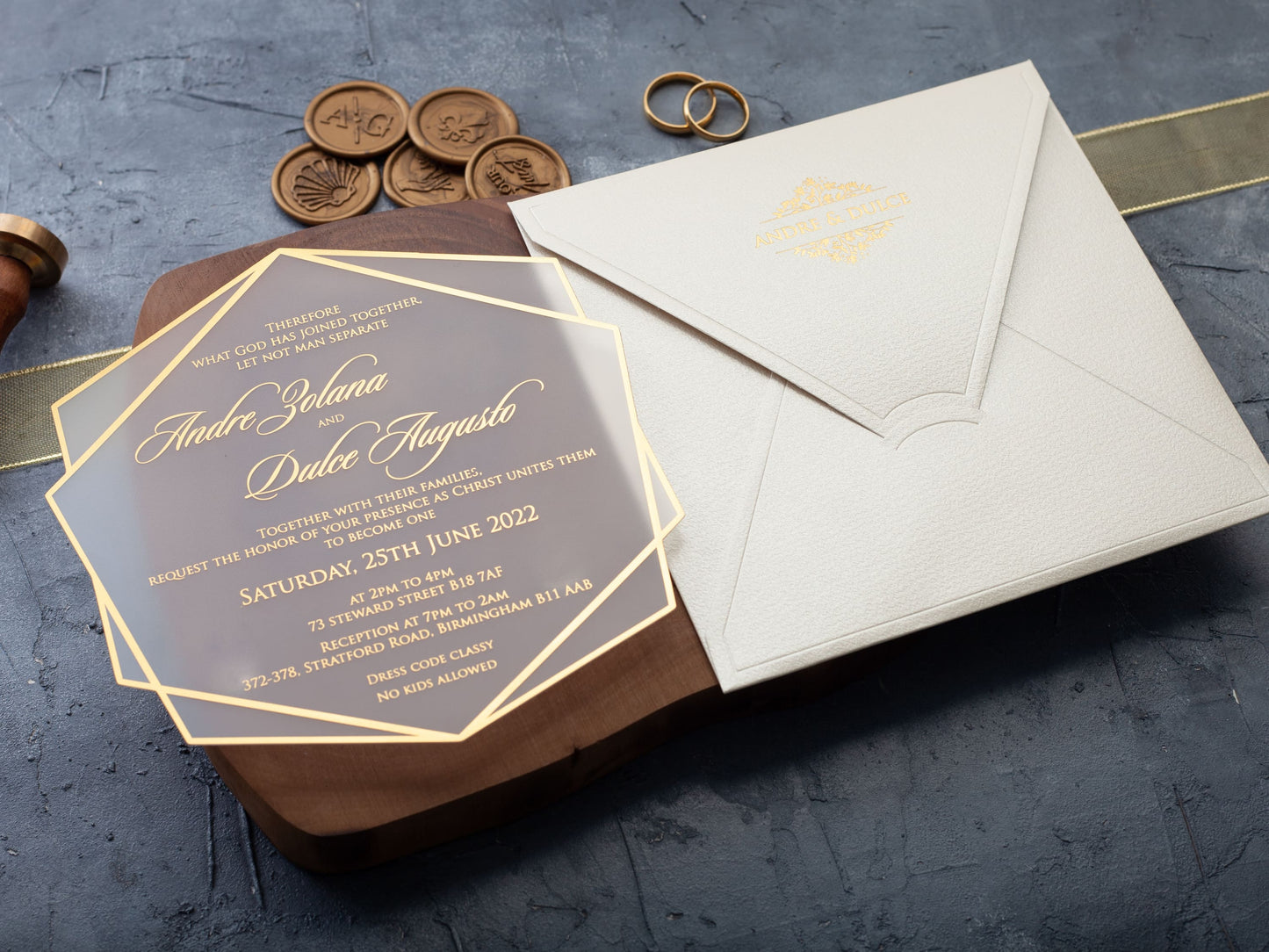 Ivory and Gold Wedding Invites, Acrylic Wedding Invitation, Gold Foil Printed Acrylic Invite