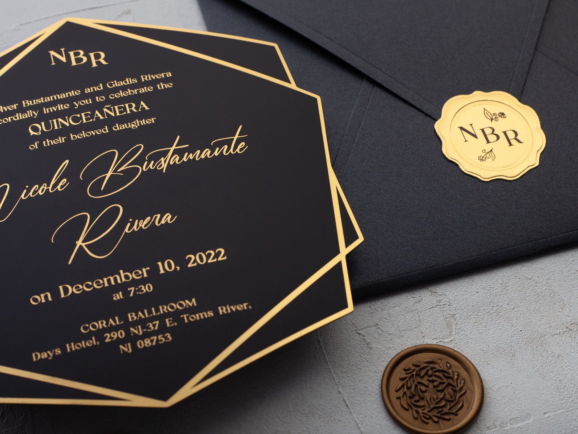 Luxury quinceanera invite with gold foil print