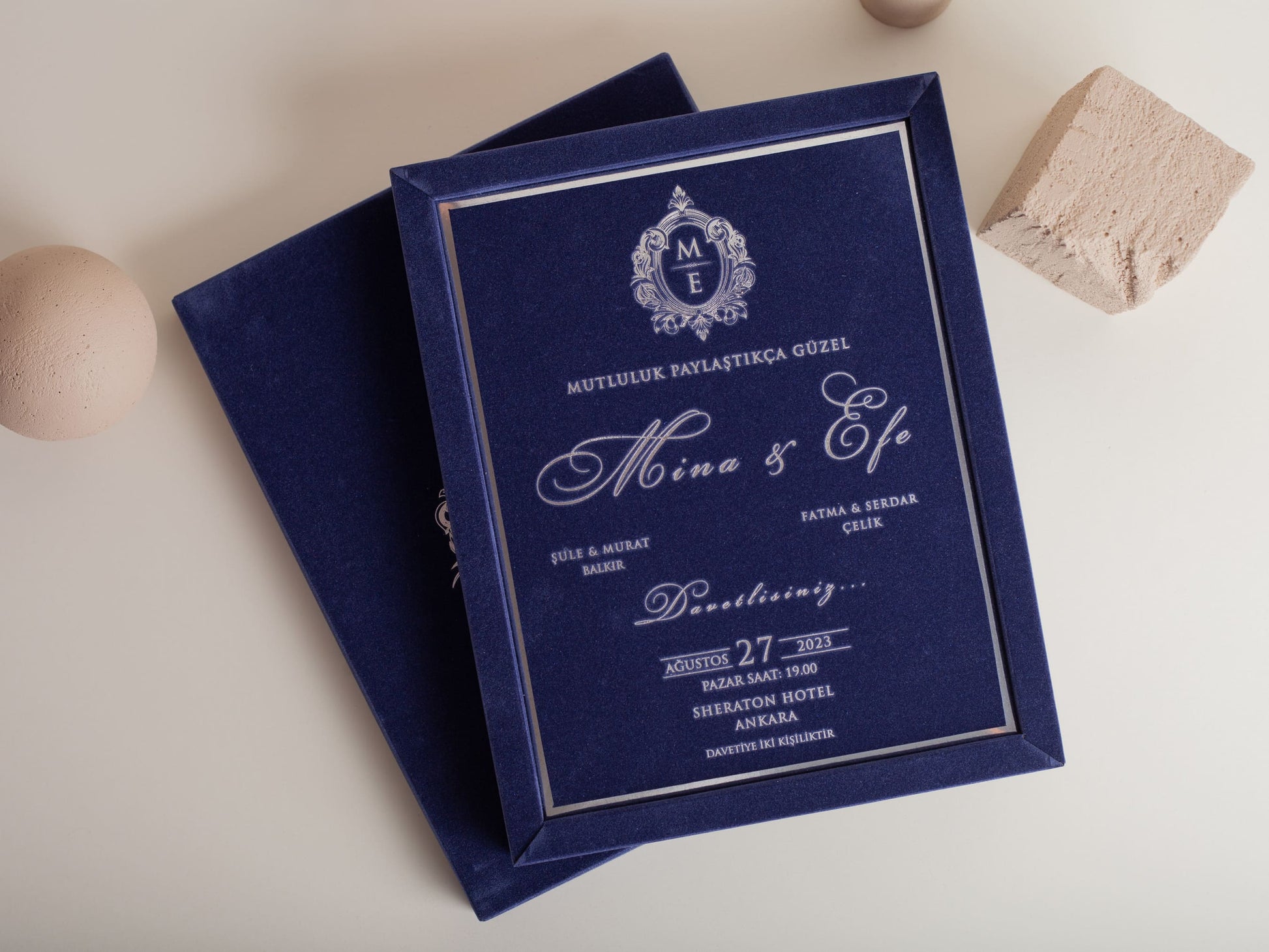 Luxury navy blue velvet wedding invitation with silver foil