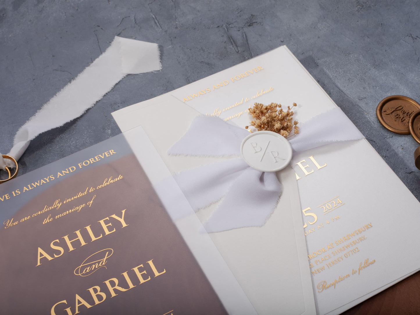Luxury White and Gold Acrylic Wedding Invitation