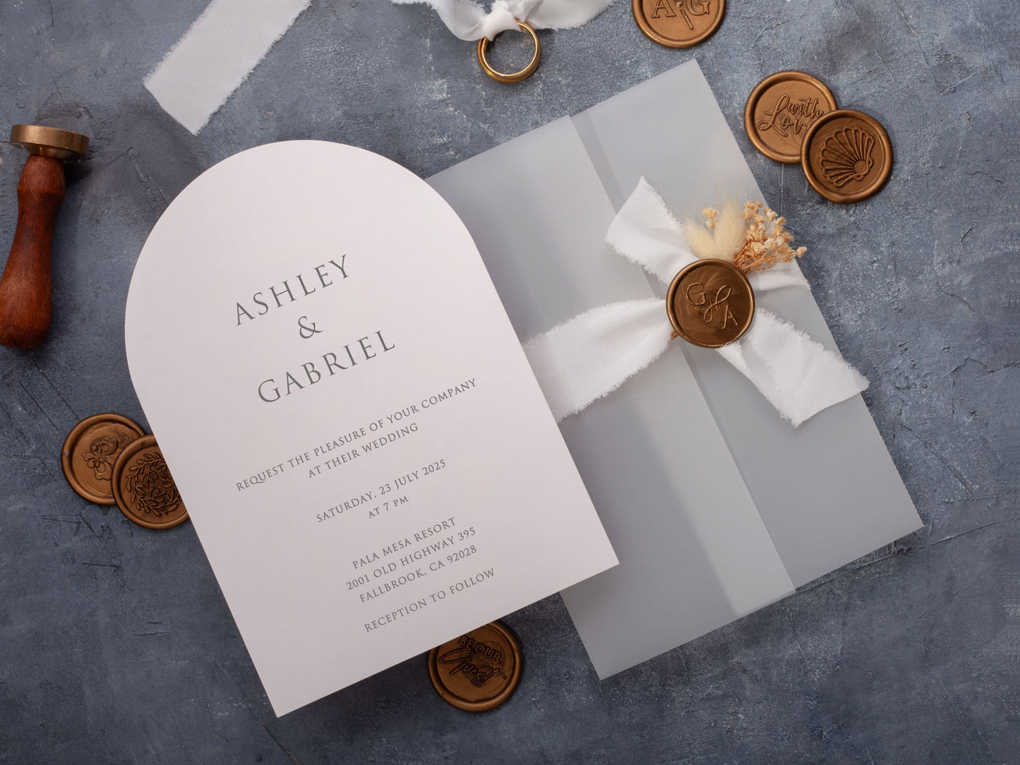 Minimal Arch Wedding Invitation with Vellum Jacket