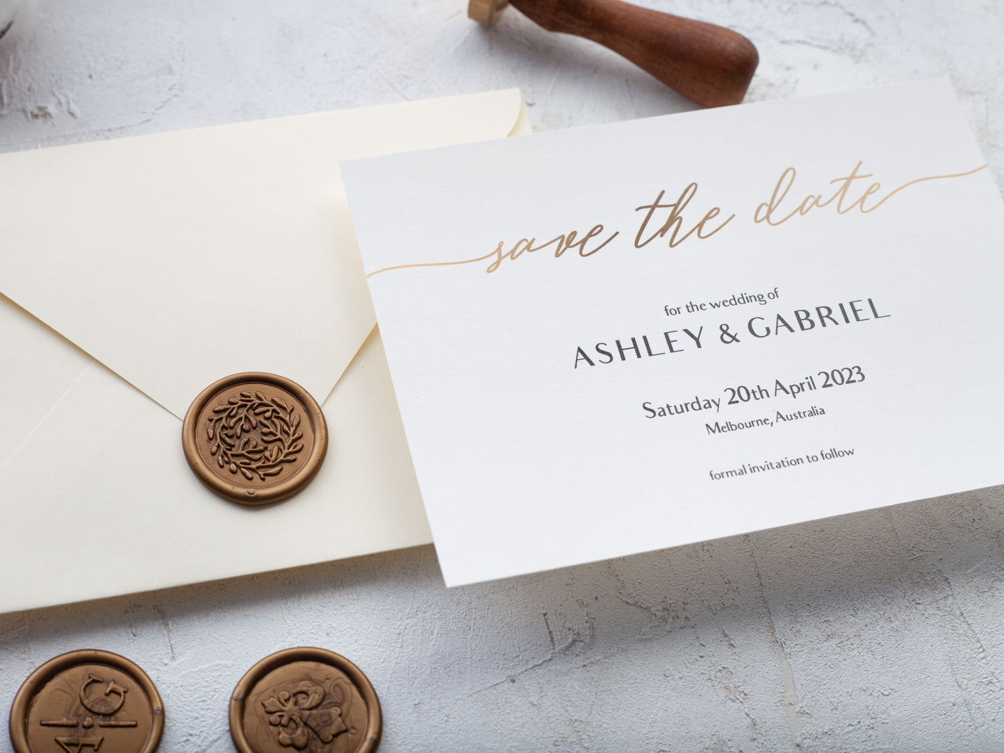 Modern printed wedding announcement card with ivory envelope