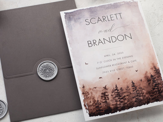 Mountain and pine forest theme wedding invitation
