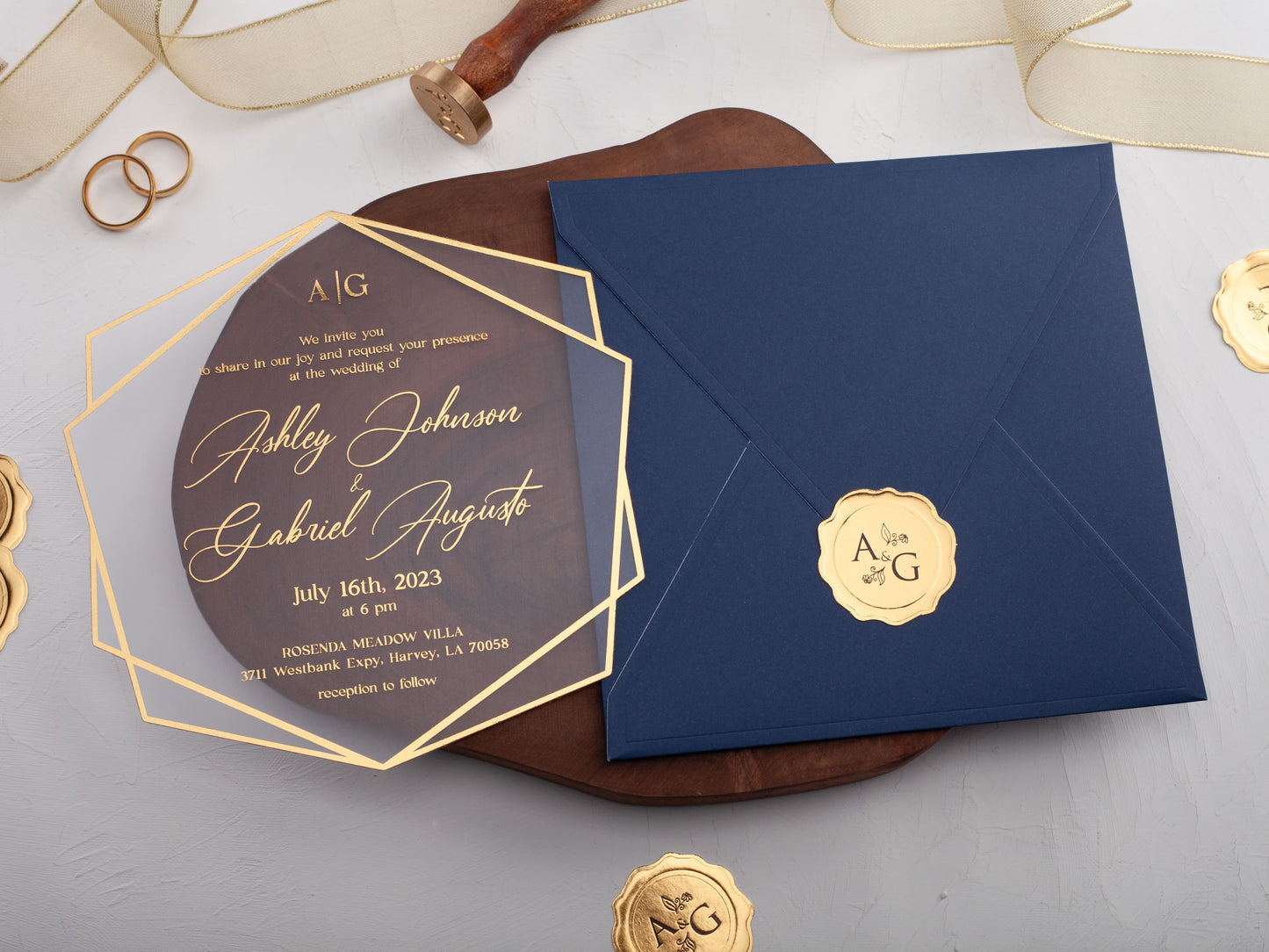 Navy Blue and Gold Acrylic Wedding Invitation