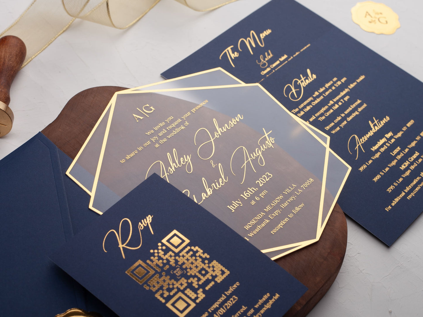 Navy Blue and Gold Acrylic Wedding Invitation
