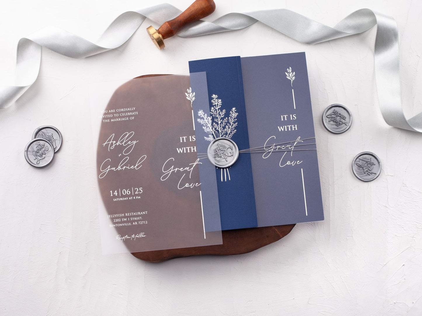 Acrylic Invitation with Navy Blue Folded Jacket and Silver Foil