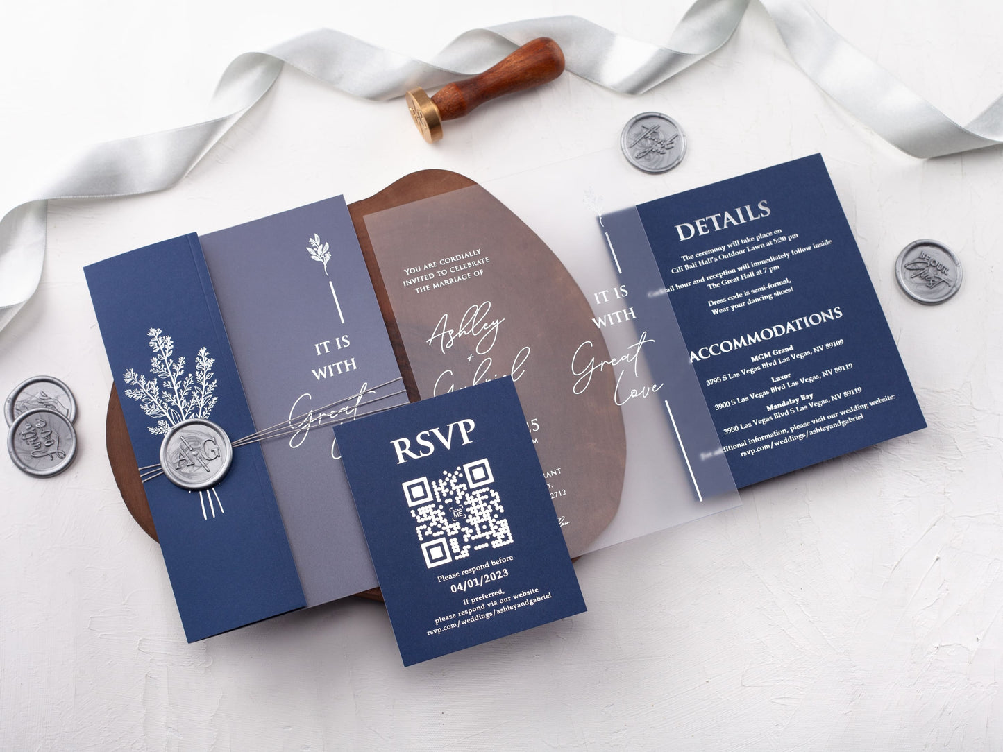 Acrylic Invitation with Navy Blue Folded Jacket and Silver Foil