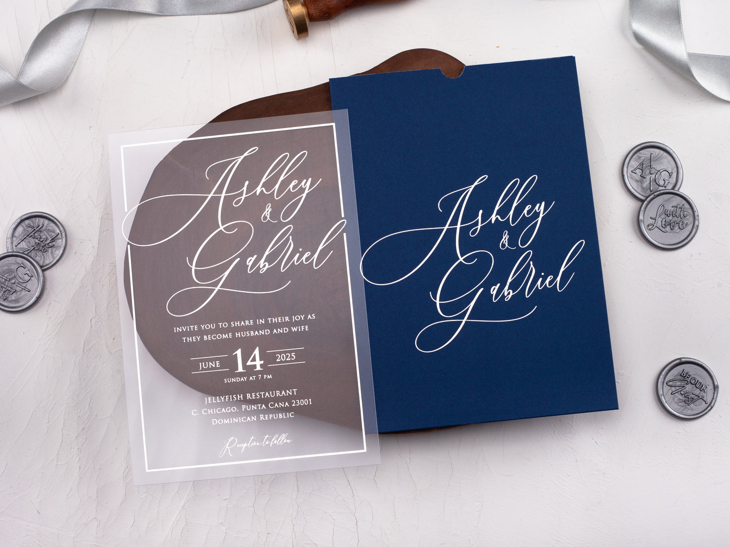 Navy Blue and Silver Acrylic Wedding Invitation
