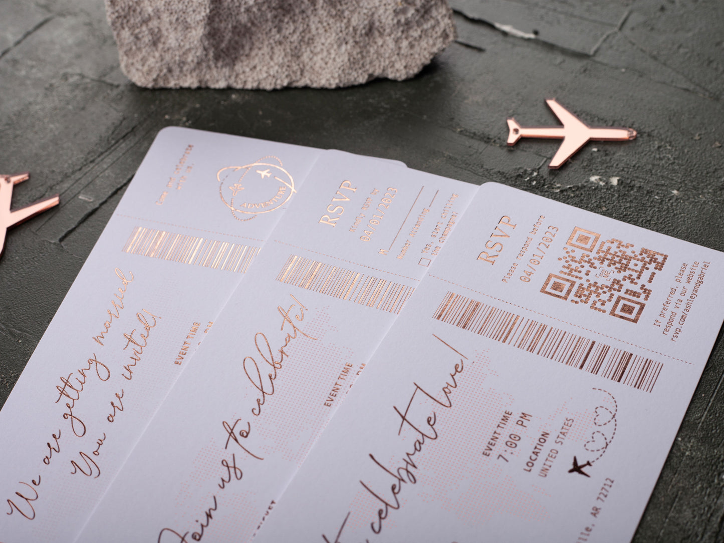 Boarding Pass Wedding Invitation, Pink and Rose Gold Foil