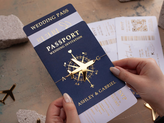 Passport Wedding Invitation with Boarding Pass Ticket in Hands