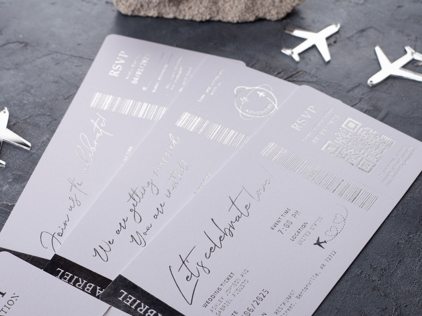 White Boarding Pass Wedding Invitation with Silver Foil