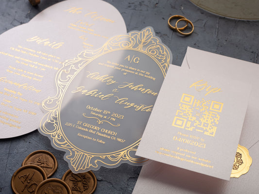 Elegant Gold Foil Printed Acrylic Wedding Invitation with Purple Envel –  World of Wedding Co.