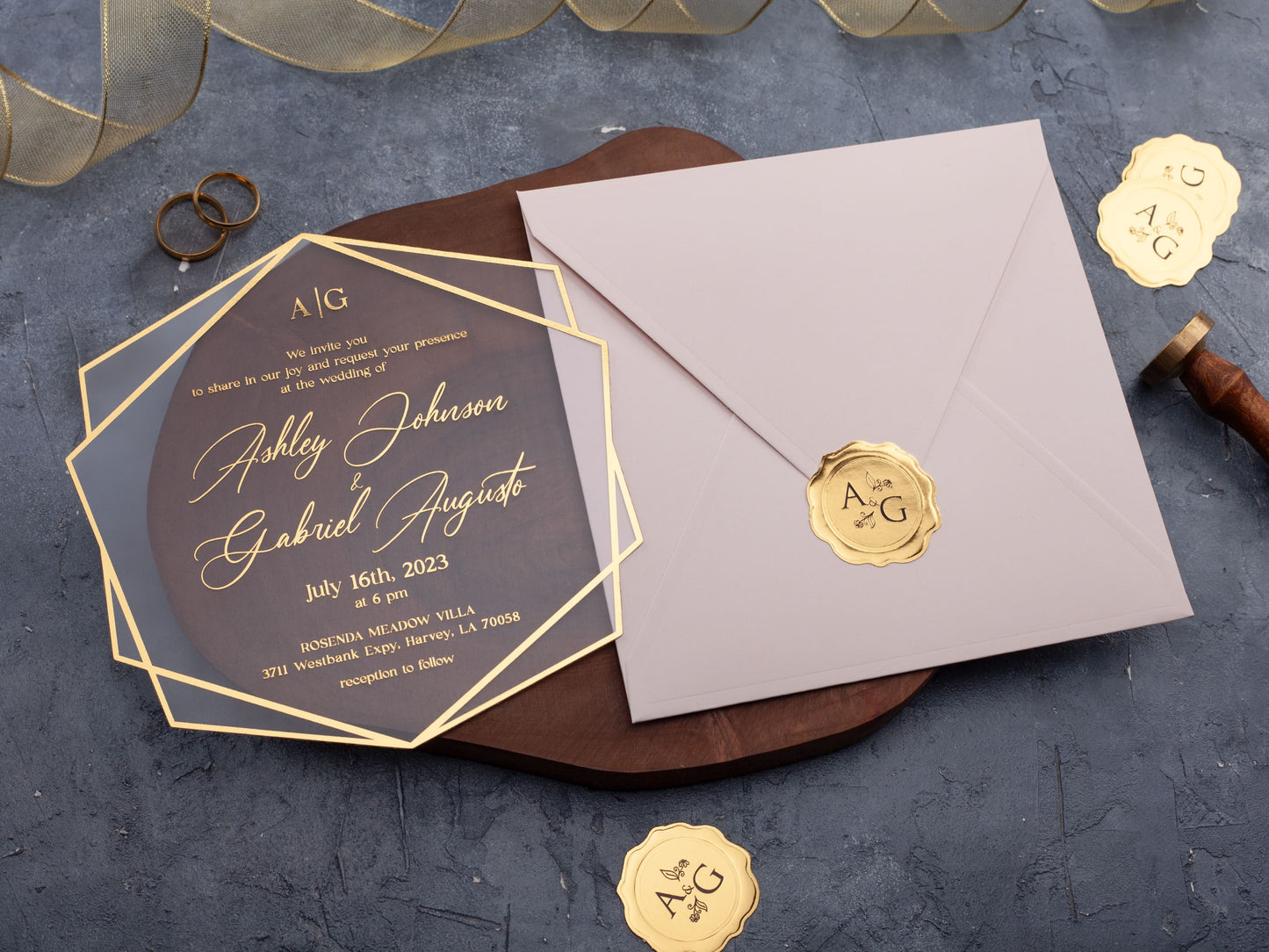 Acrylic Wedding Invitation with Blush Pink Envelope and Gold Foil