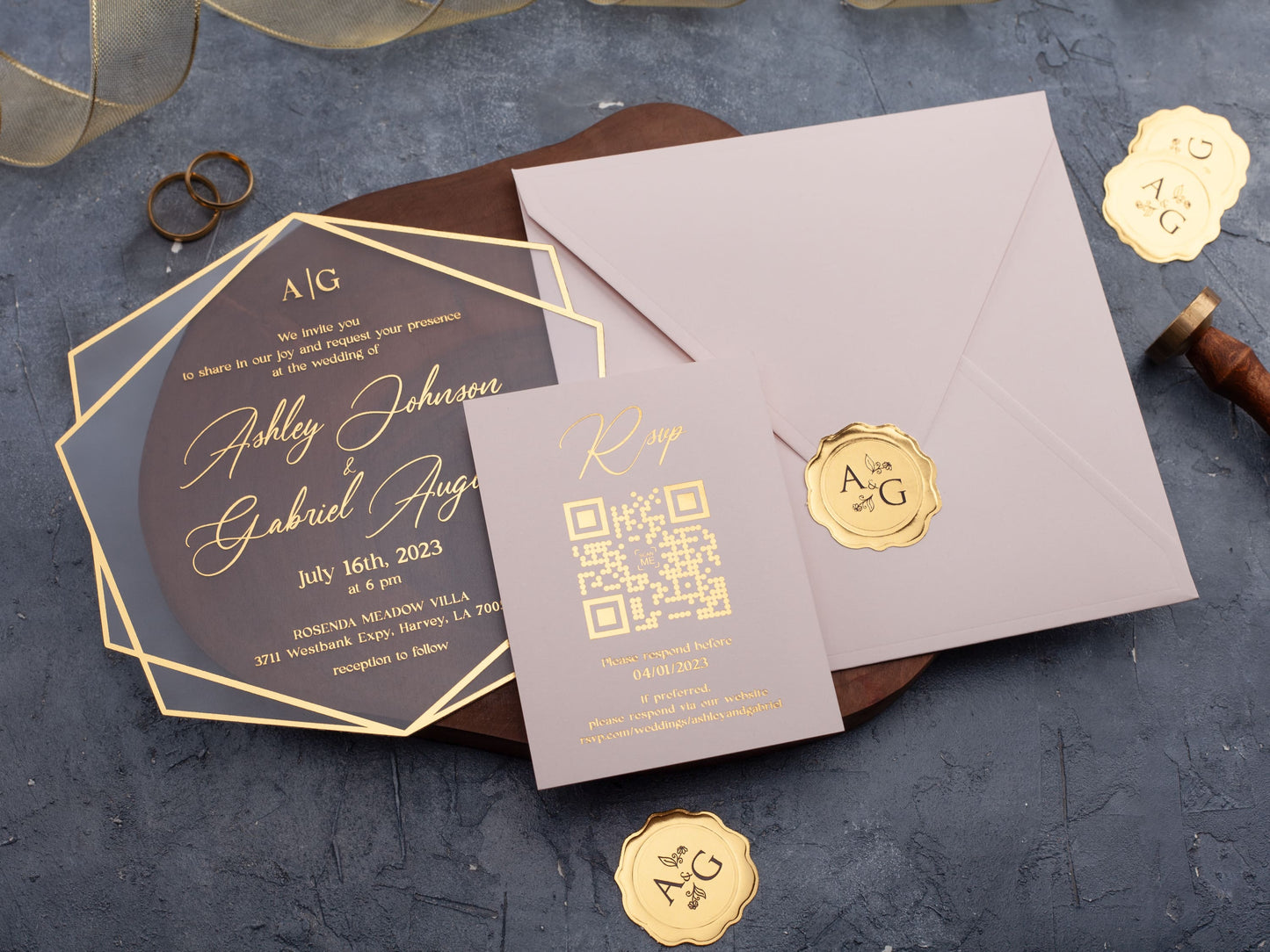 Acrylic Wedding Invitation with Blush Pink Envelope and Gold Foil
