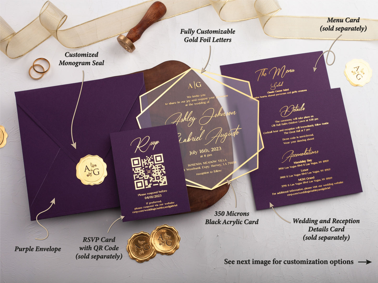 Acrylic Wedding Invitation with Purple Envelope and Gold Foil