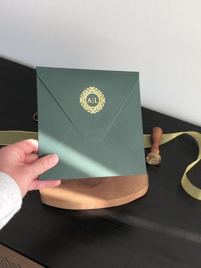 Green and gold foil printed wedding invitation video