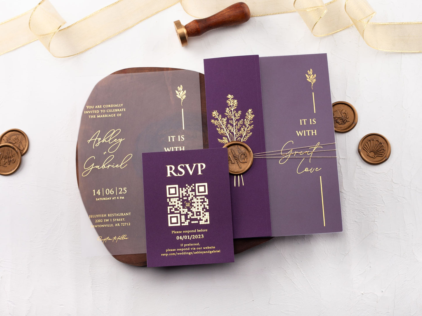 Purple and Gold Acrylic Invitation with Folded Jacket
