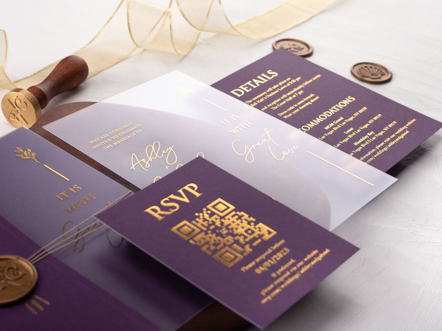 Purple and Gold Acrylic Invitation with Folded Jacket