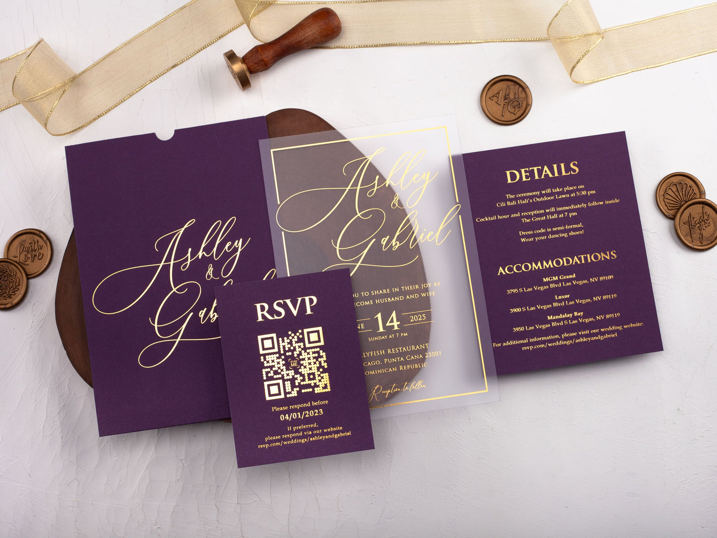 Acrylic Wedding Invitation with Purple Envelope and Gold Foil Print