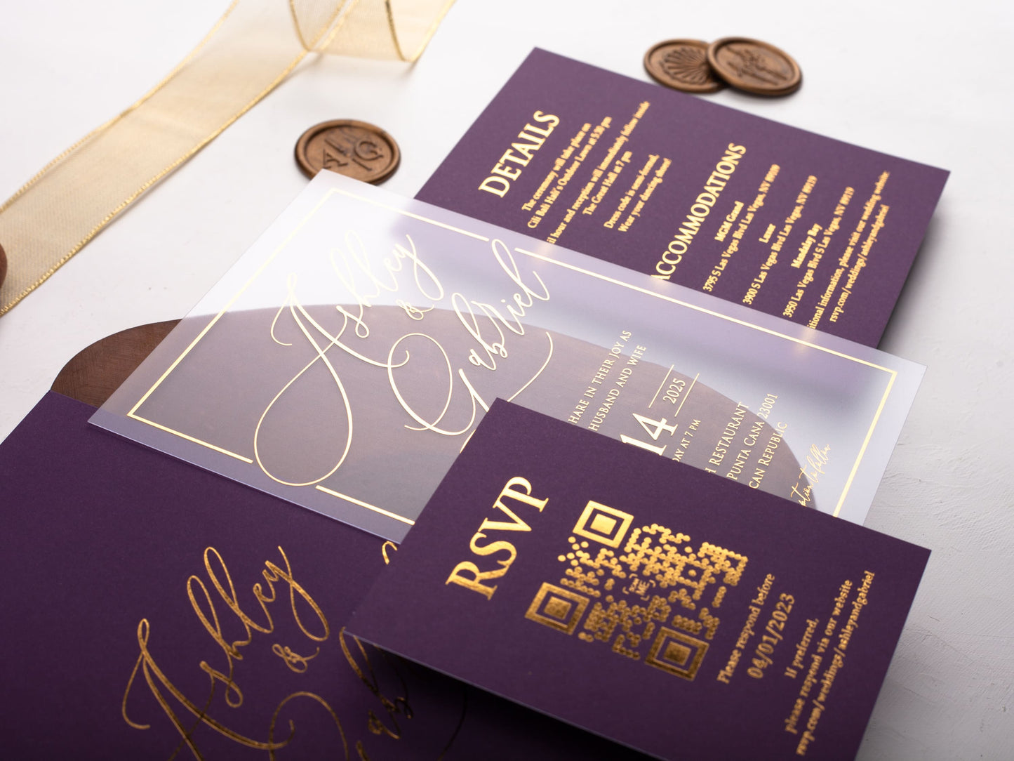 Acrylic Wedding Invitation with Purple Envelope and Gold Foil Print