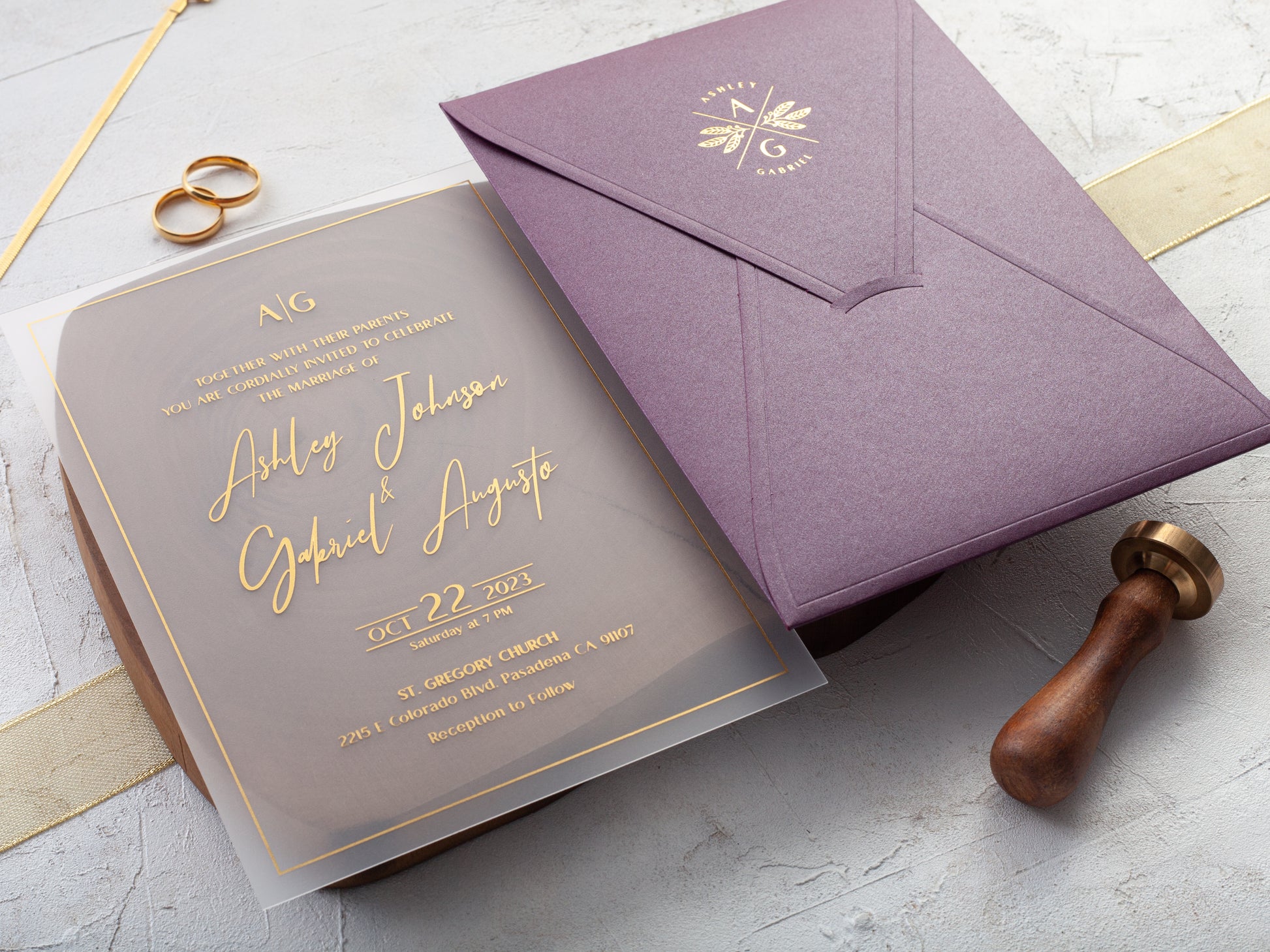 Purple and gold wedding invitation