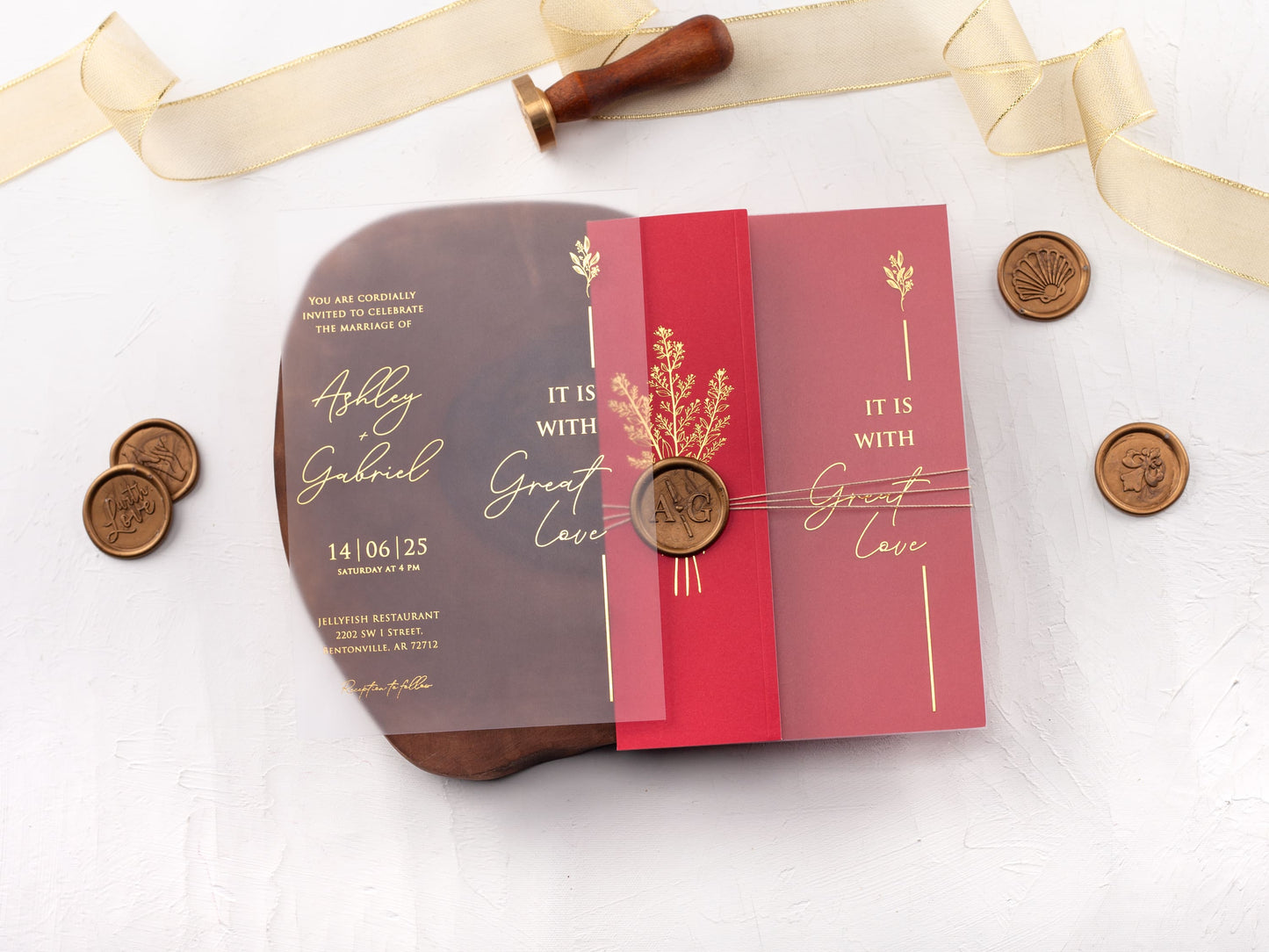 Red and Gold Acrylic Invitation with Folded Jacket