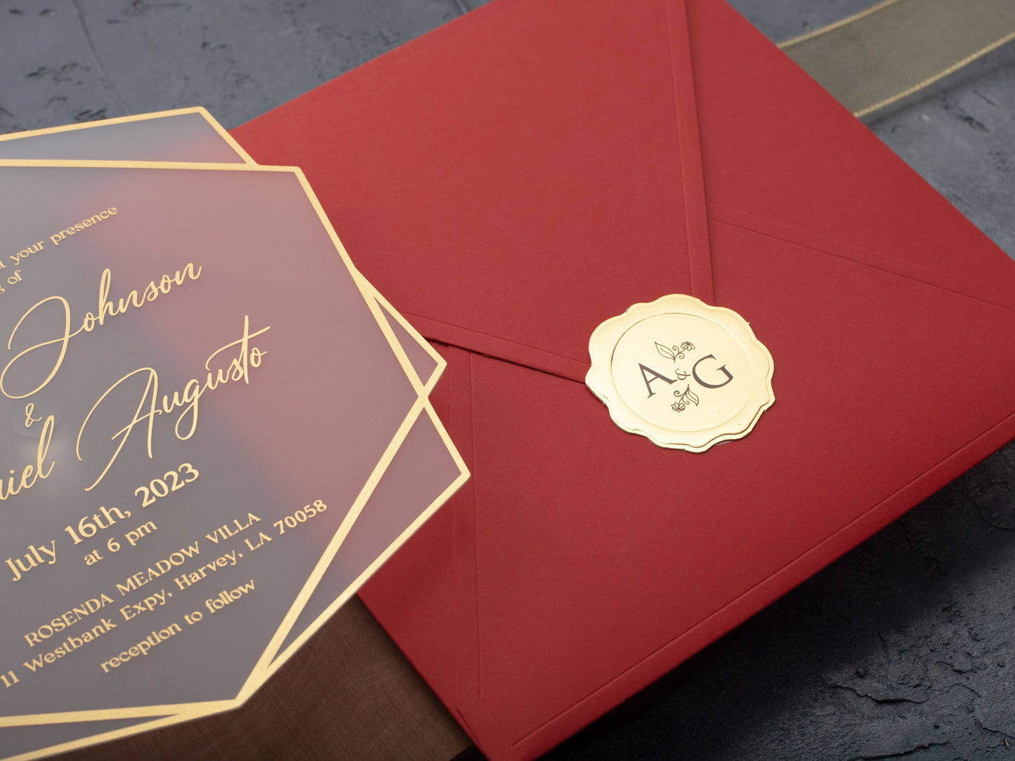 Red and gold acrylic wedding invitation
