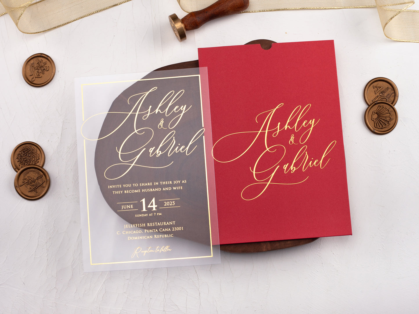 Acrylic Wedding Invitation with Red Envelope and Gold Foil Print