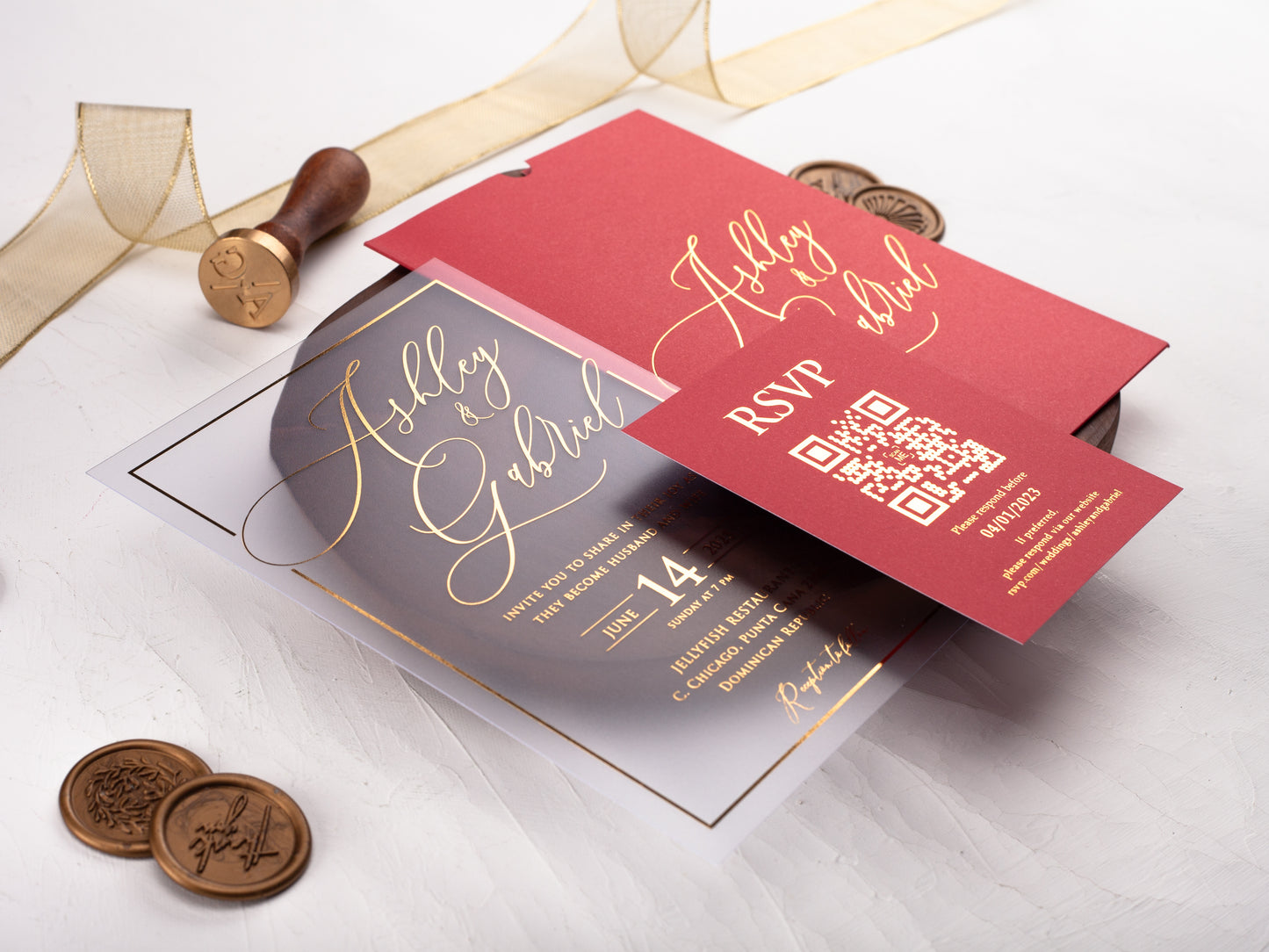 Acrylic Wedding Invitation with Red Envelope and Gold Foil Print