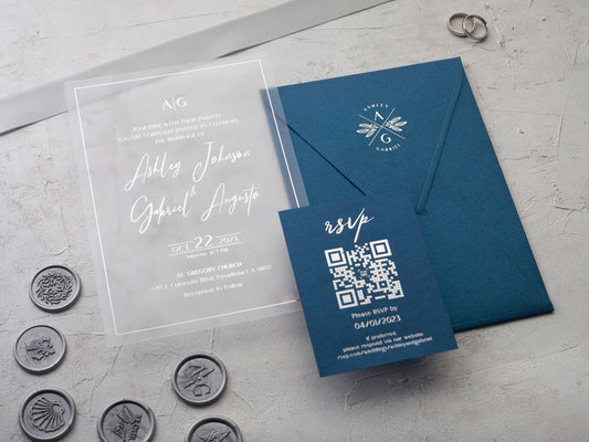 Royal blue wedding invitation with QR code rsvp