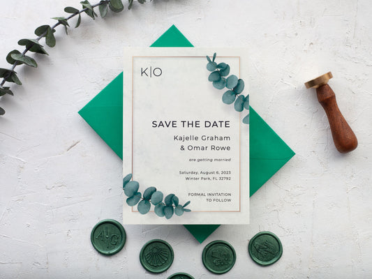 Rustic greenery wedding invitation with envelope and wax seals