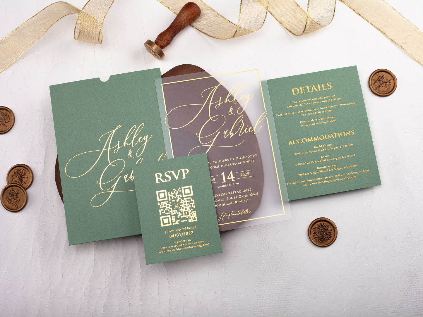 Sage Green and Gold Acrylic Wedding Invitation