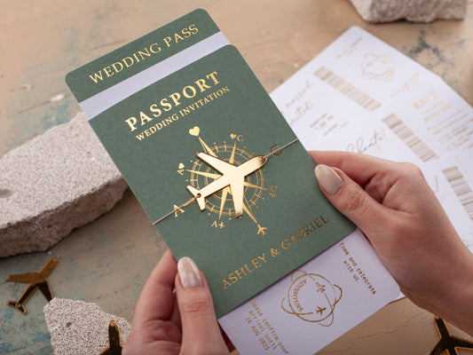 Sage Green Passport Wedding Invitation with Gold Letters