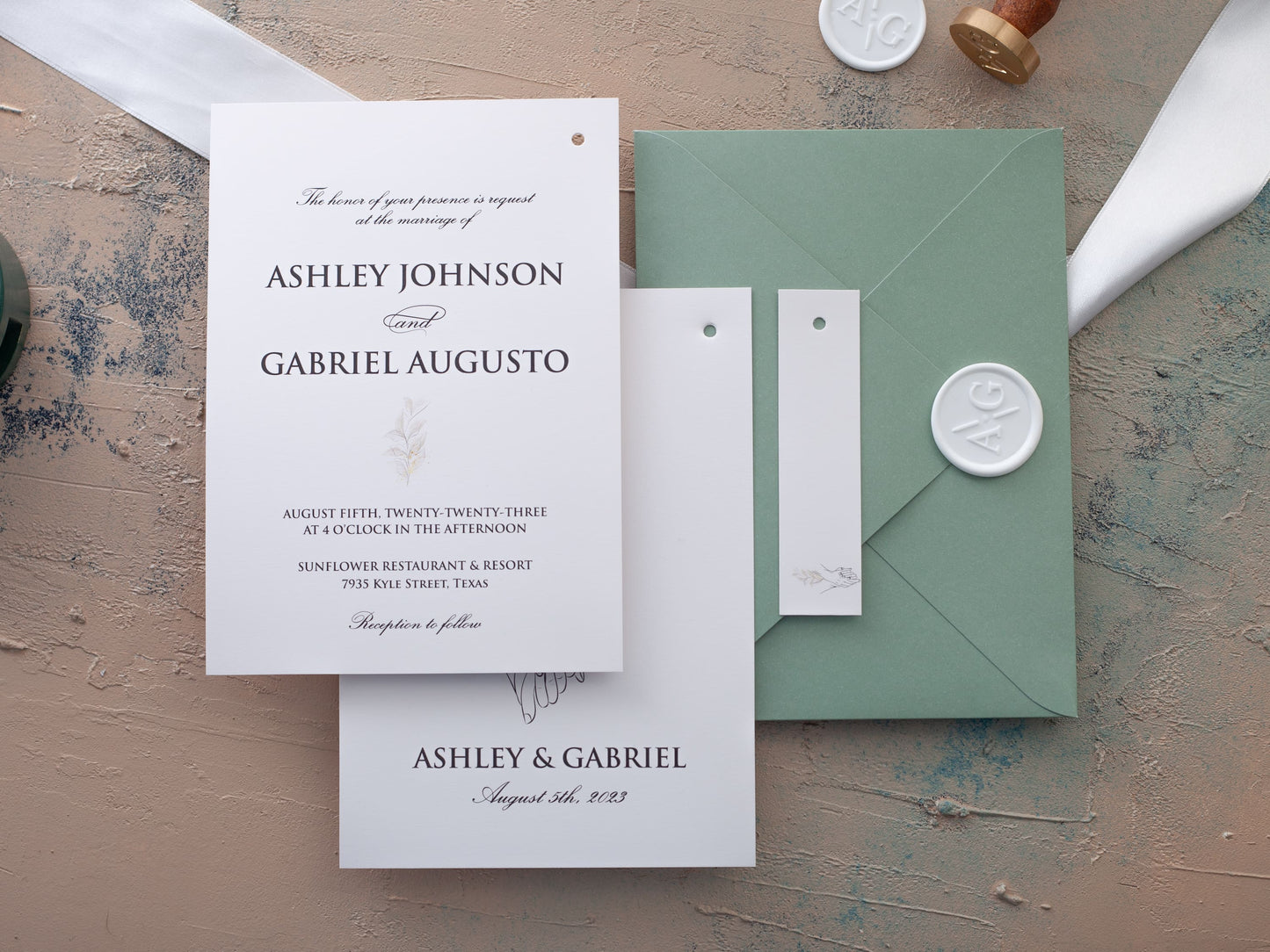 Sage green wedding invitation with guest name tag