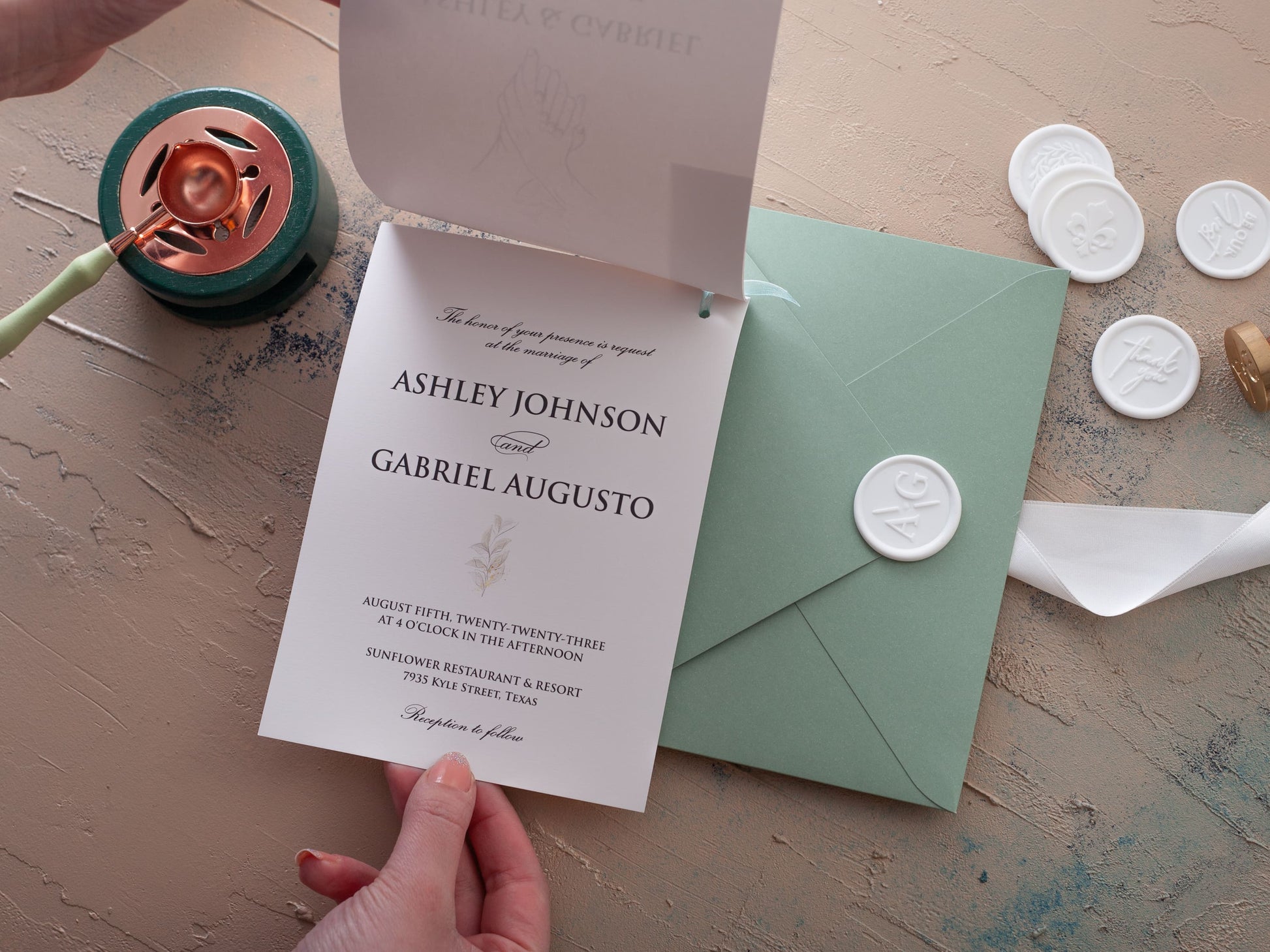 Sage green wedding invitation