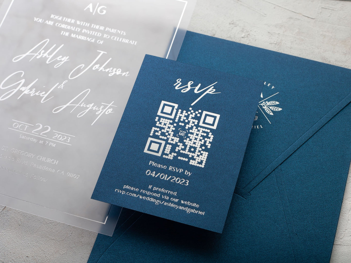 Sapphire blue wedding invitation with silver foil