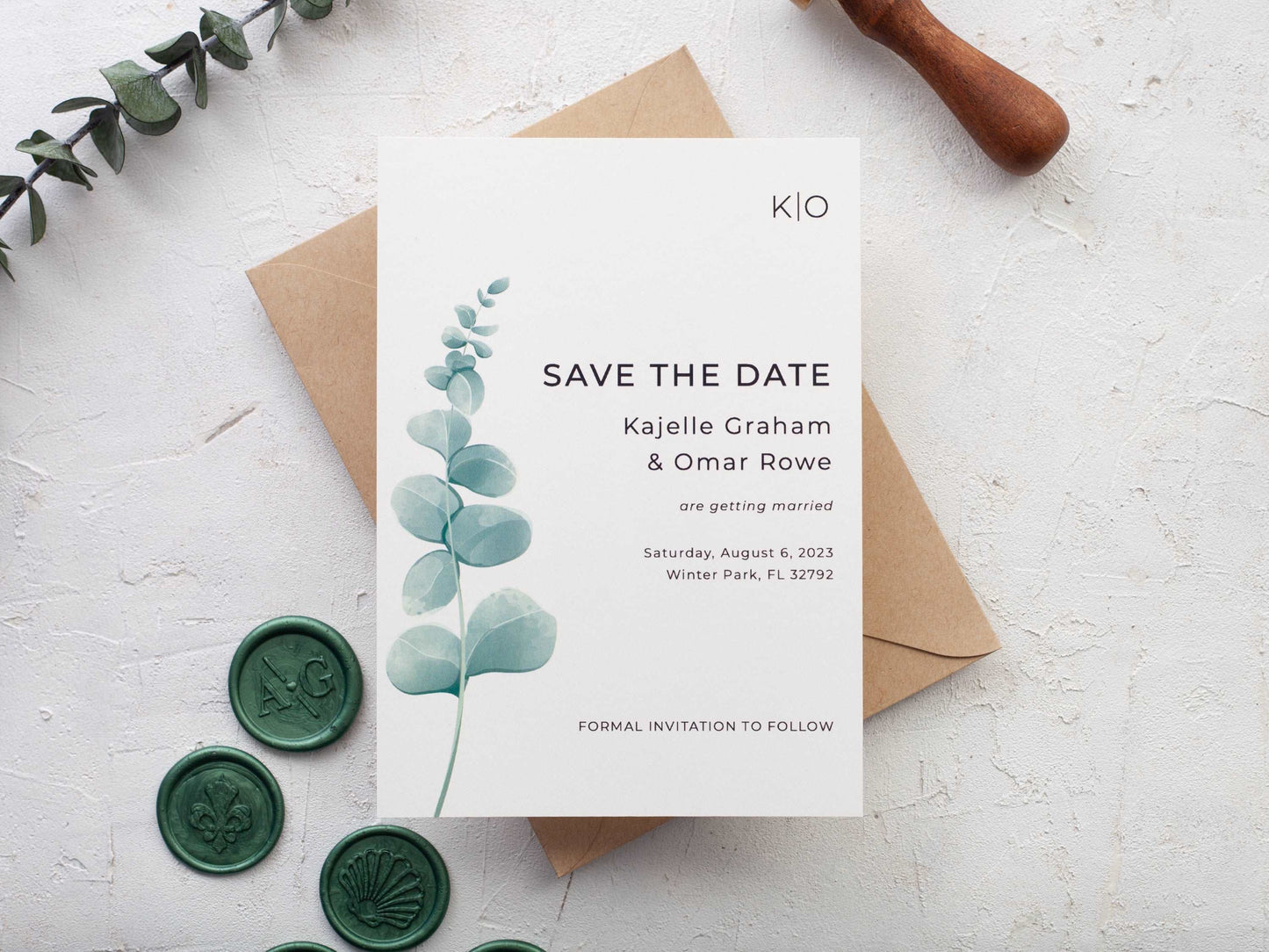 Greenery Save the Date Card with Eucalyptus Leaves