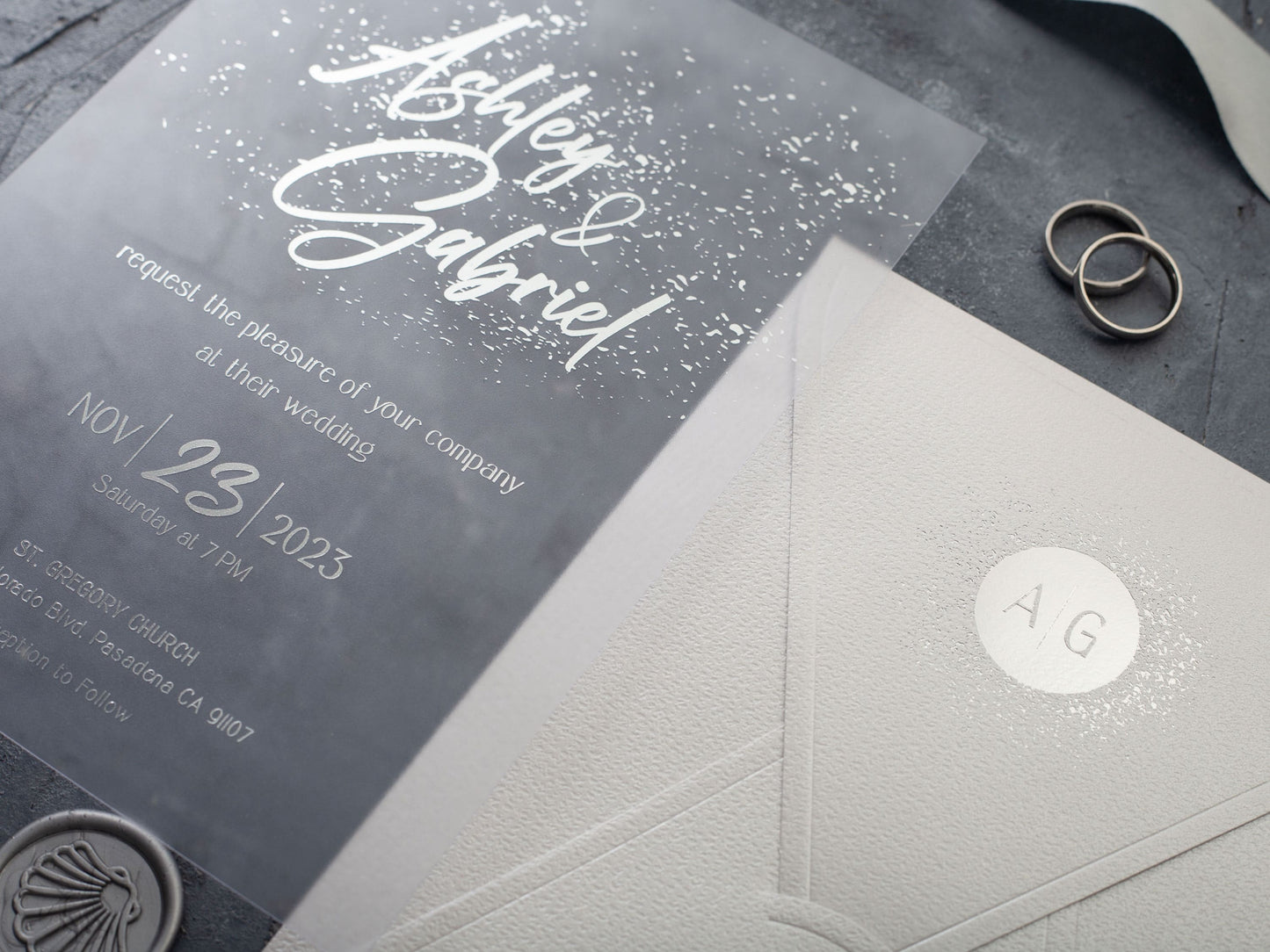 Silver foil printed invitation with white envelope